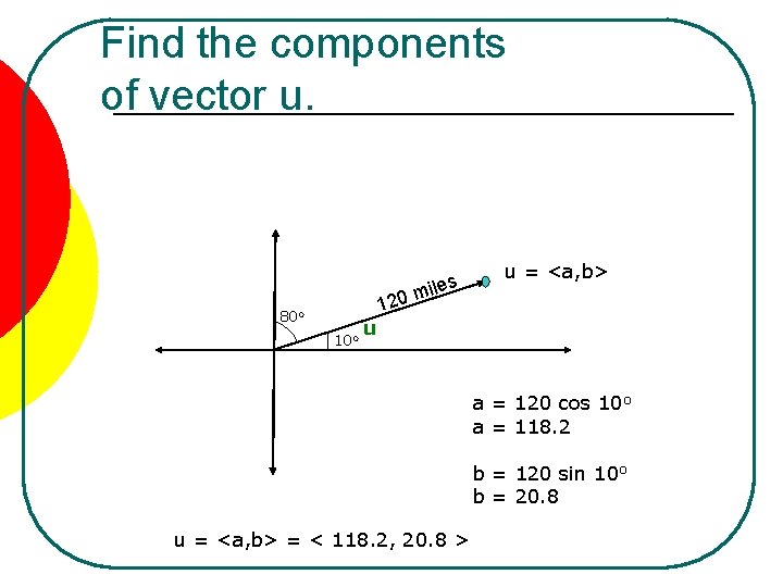 Find the components of vector u. 80 o 10 o u 120 s mile