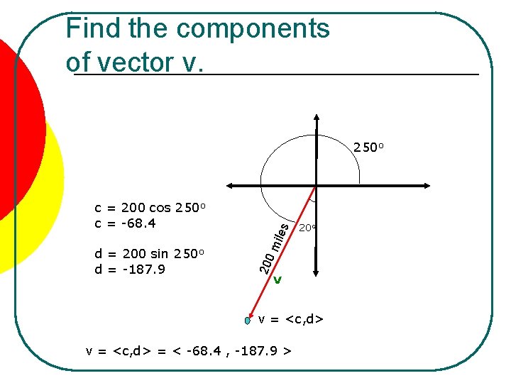Find the components of vector v. mil d = 200 sin 250 o d