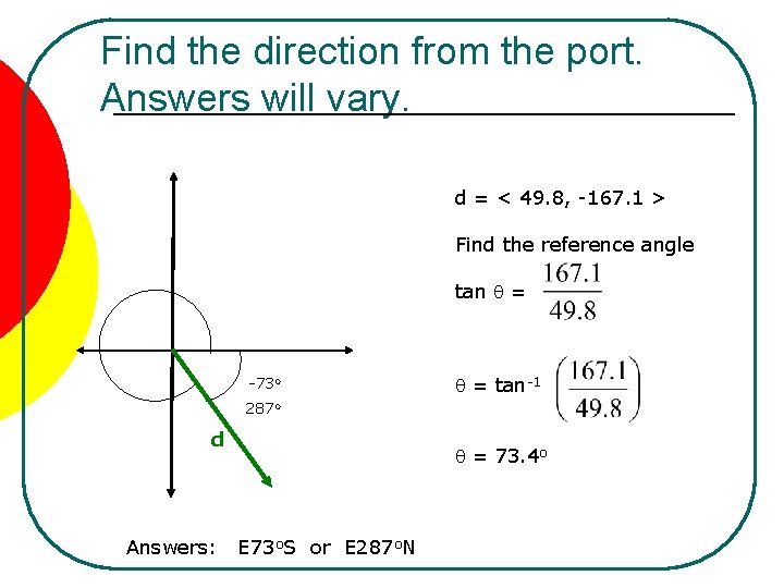 Find the direction from the port. Answers will vary. d = < 49. 8,
