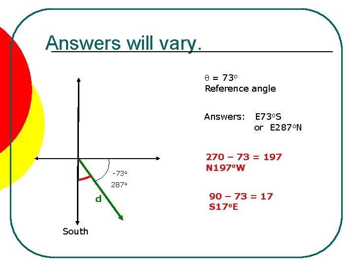 Answers will vary. q = 73 o Reference angle Answers: -73 o E 73