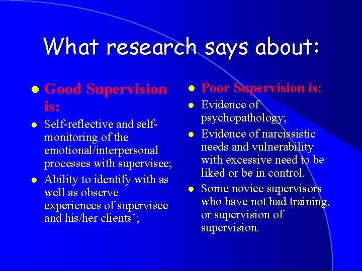 What research says about: l l l Good Supervision is: Self-reflective and selfmonitoring of