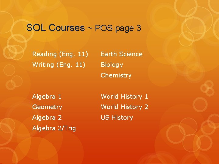 SOL Courses ~ POS page 3 Reading (Eng. 11) Earth Science Writing (Eng. 11)