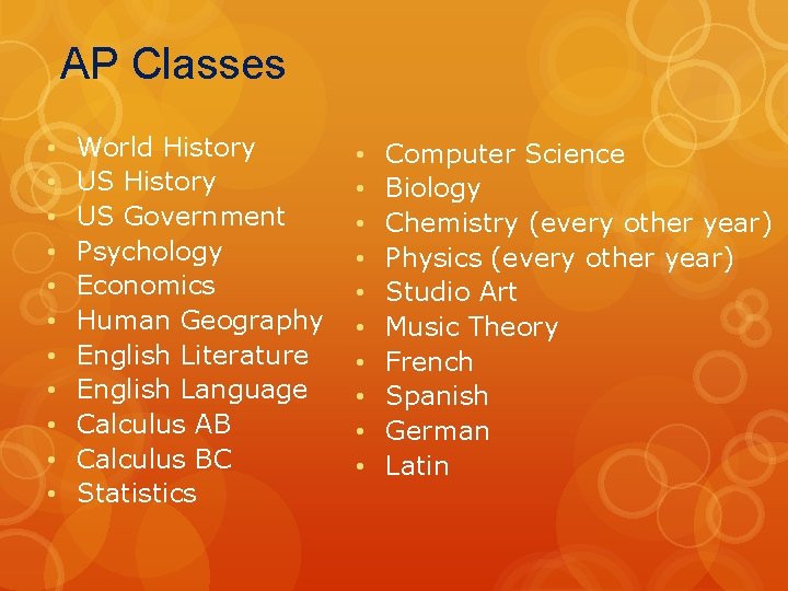 AP Classes • • • World History US Government Psychology Economics Human Geography English