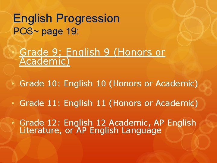 English Progression POS~ page 19: • Grade 9: English 9 (Honors or Academic) •