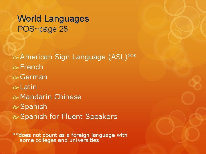 World Languages POS~page 28 American Sign Language (ASL)** French German Latin Mandarin Chinese Spanish