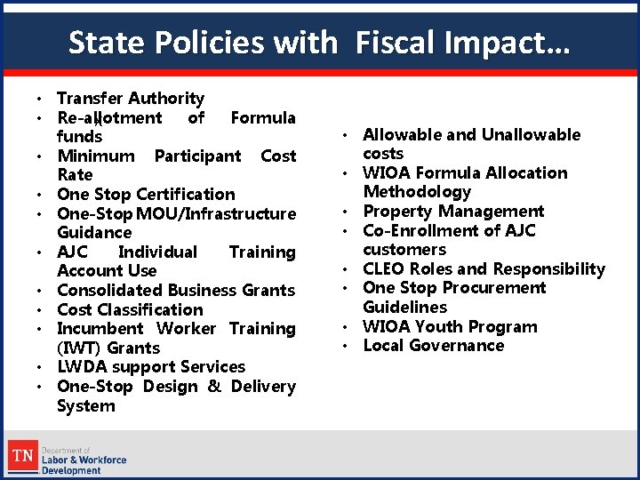 State Policies with Fiscal Impact… • Transfer Authority • Re-allotment of Formula X funds