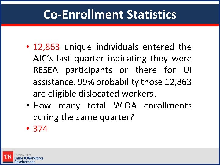 Co-Enrollment Statistics • 12, 863 unique individuals entered the AJC’s last quarter indicating they