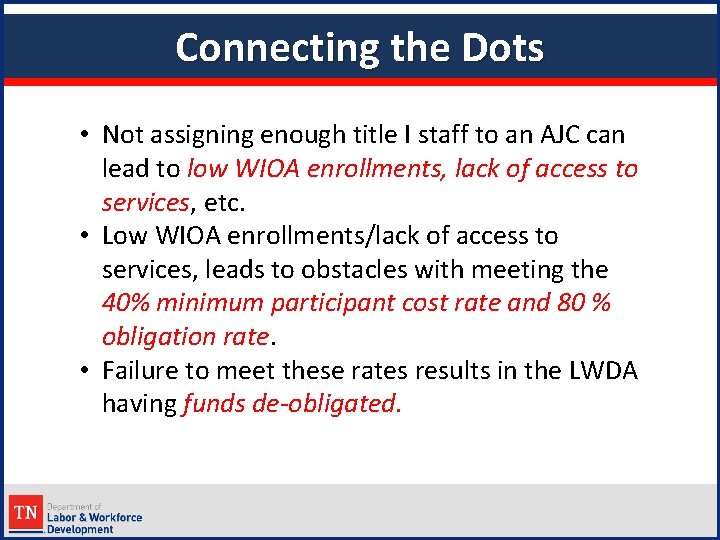 Connecting the Dots • Not assigning enough title I staff to an AJC can