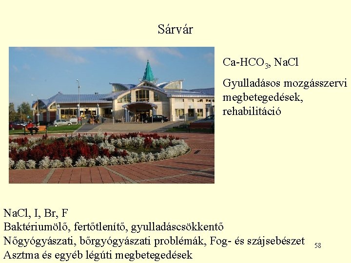 Sárvár Ca-HCO 3, Na. Cl Gyulladásos mozgásszervi megbetegedések, rehabilitáció Na. Cl, I, Br, F