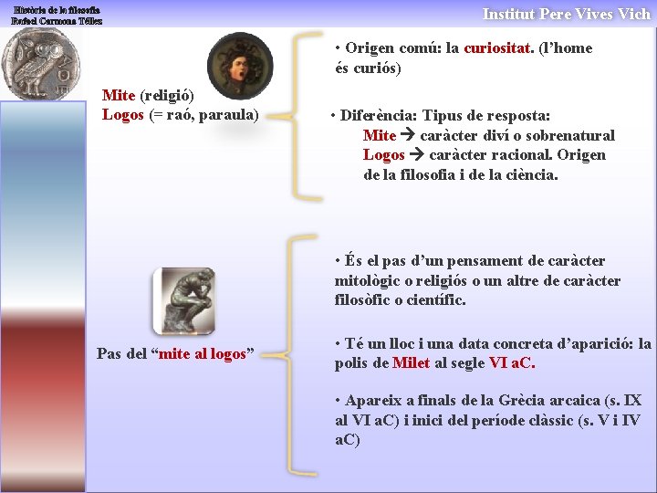 Institut Pere Vives Vich • Origen comú: la curiositat. (l’home és curiós) Mite (religió) Institut Pere Vives Vich • Origen comú: la curiositat. (l’home és curiós) Mite (religió)