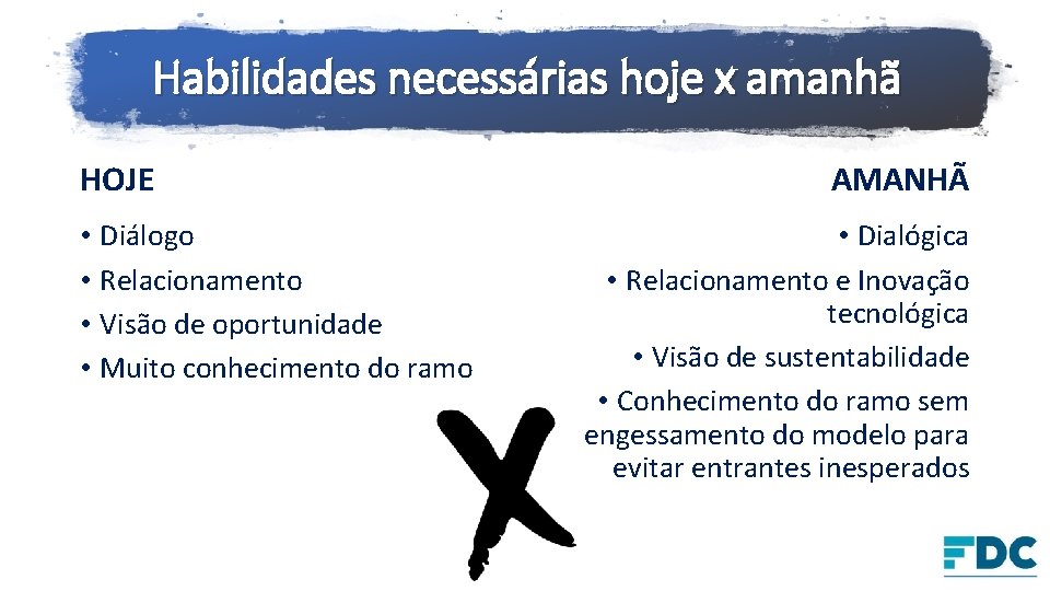 Habilidades necessárias hoje x amanhã HOJE • Diálogo • Relacionamento • Visão de oportunidade Habilidades necessárias hoje x amanhã HOJE • Diálogo • Relacionamento • Visão de oportunidade