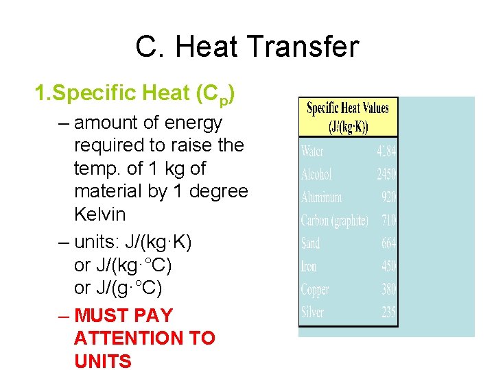 C. Heat Transfer 1. Specific Heat (Cp) – amount of energy required to raise