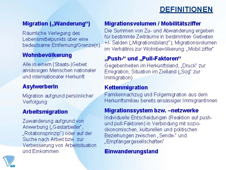 DEFINITIONEN Migration („Wanderung“) Migrationsvolumen / Mobilitätsziffer Die Summen von Zu- und Abwanderung ergeben Räumliche DEFINITIONEN Migration („Wanderung“) Migrationsvolumen / Mobilitätsziffer Die Summen von Zu- und Abwanderung ergeben Räumliche