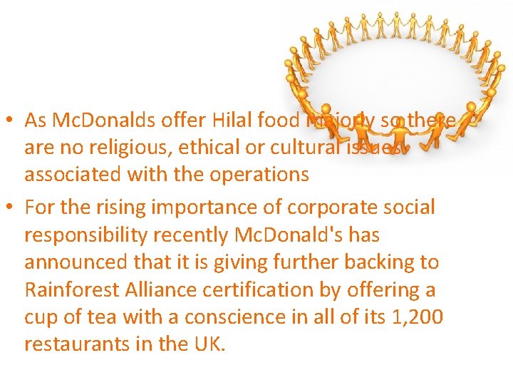  • As Mc. Donalds offer Hilal food majorly so there are no religious,