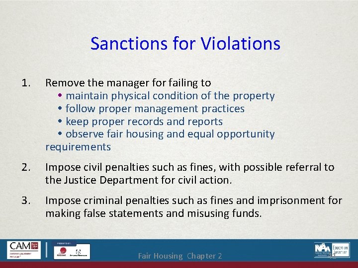 Sanctions for Violations 1. Remove the manager for failing to maintain physical condition of