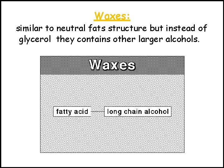Waxes: similar to neutral fats structure but instead of glycerol they contains other larger