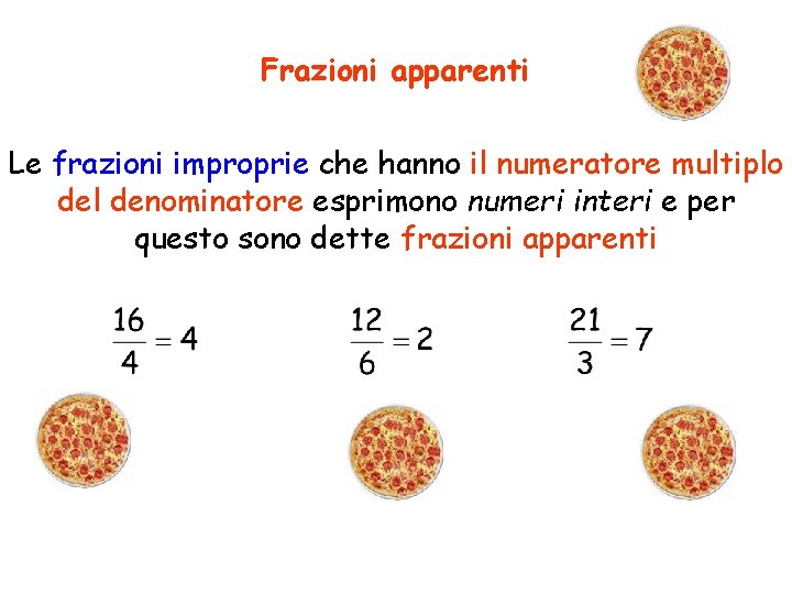 Frazioni apparenti Le frazioni improprie che hanno il numeratore multiplo del denominatore esprimono numeri