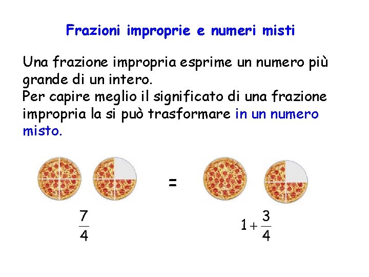 Frazioni improprie e numeri misti Una frazione impropria esprime un numero più grande di