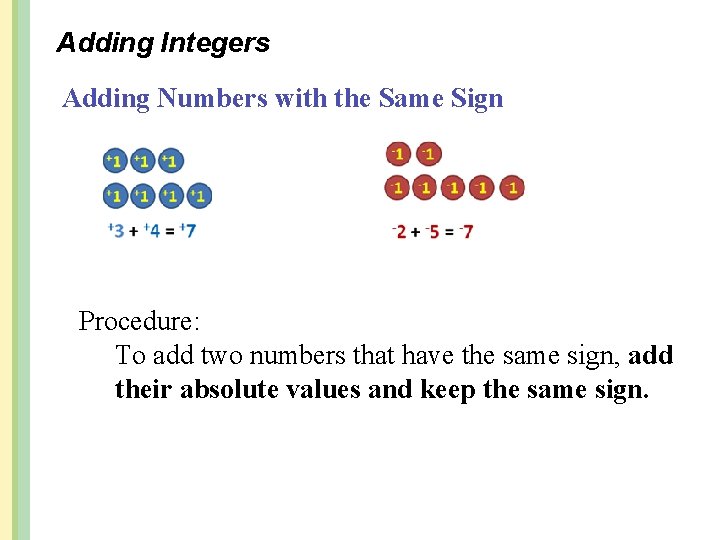 Adding Integers Adding Numbers with the Same Sign Procedure: To add two numbers that