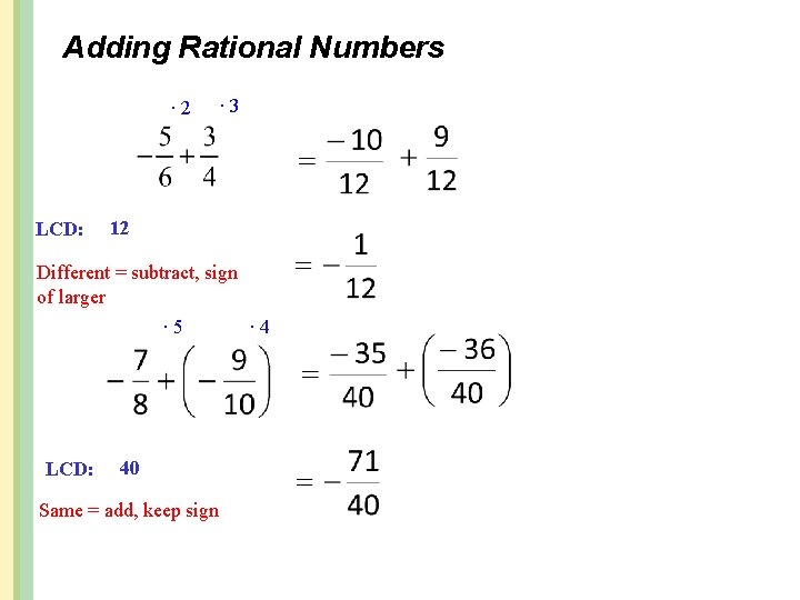 Adding Rational Numbers ∙ 2 LCD: ∙ 3 12 Different = subtract, sign of