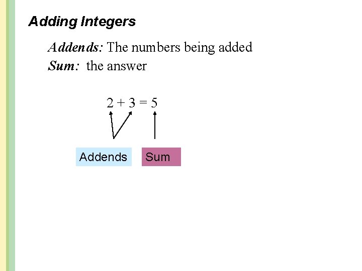 Adding Integers Addends: The numbers being added Sum: the answer 2+3=5 Addends Sum 