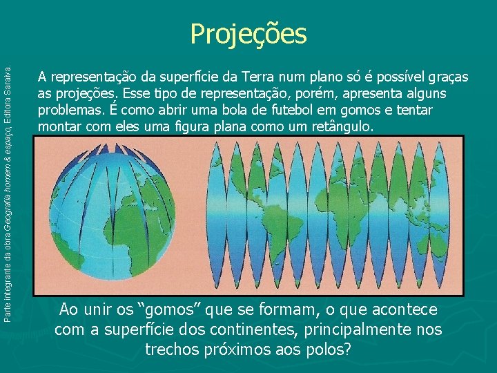 Parte integrante da obra Geografia homem & espaço, Editora Saraiva. Projeções A representação da