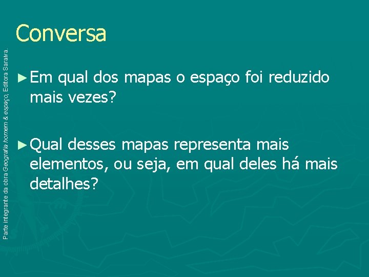 Parte integrante da obra Geografia homem & espaço, Editora Saraiva. Conversa ► Em qual