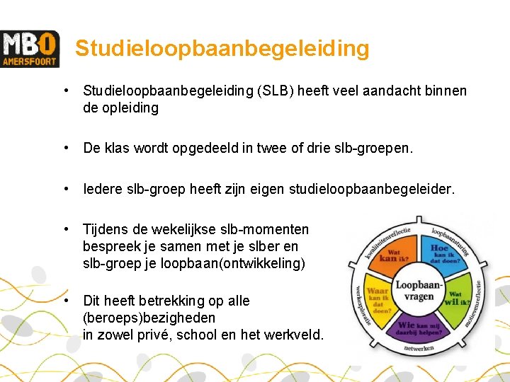 Studieloopbaanbegeleiding • Studieloopbaanbegeleiding (SLB) heeft veel aandacht binnen de opleiding • De klas wordt