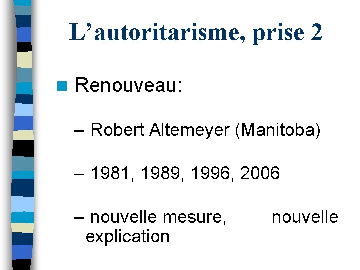 L’autoritarisme, prise 2 n Renouveau: – Robert Altemeyer (Manitoba) – 1981, 1989, 1996, 2006