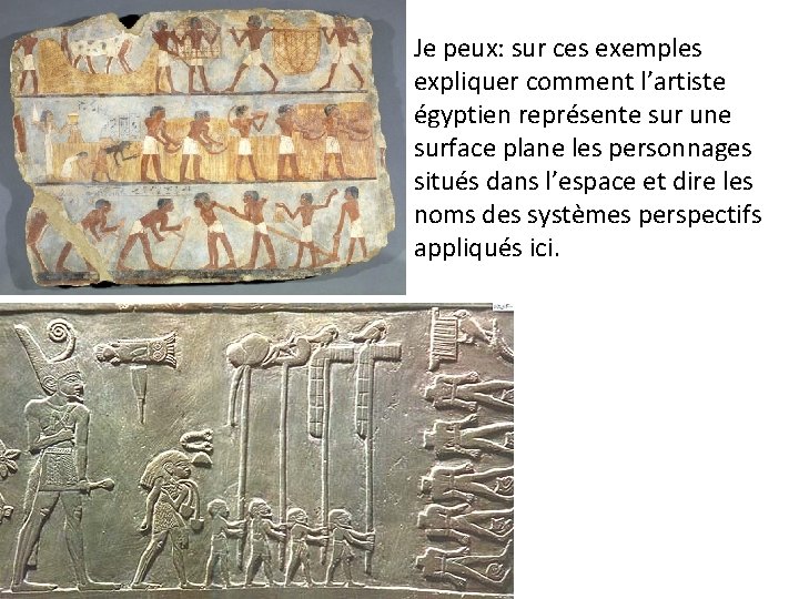 Je peux: sur ces exemples expliquer comment l’artiste égyptien représente sur une surface plane Je peux: sur ces exemples expliquer comment l’artiste égyptien représente sur une surface plane