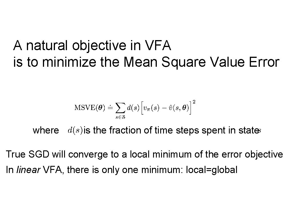 A natural objective in VFA is to minimize the Mean Square Value Error where