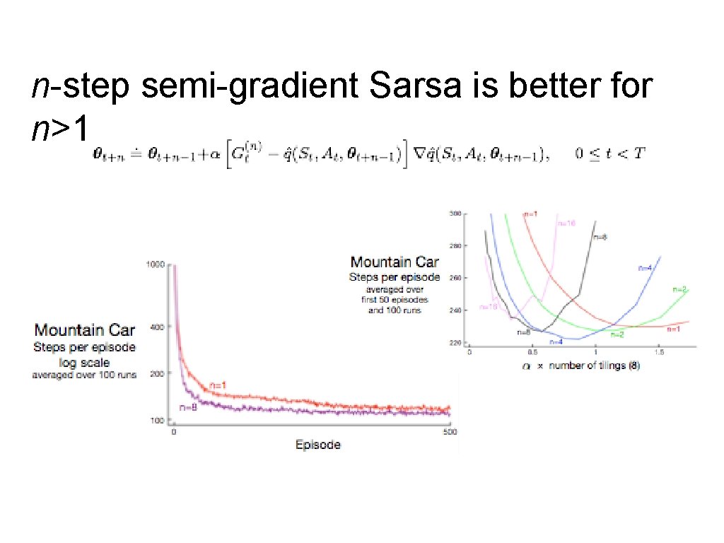 n-step semi-gradient Sarsa is better for n>1 