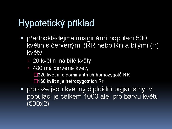 Hypotetický příklad předpokládejme imaginární populaci 500 květin s červenými (RR nebo Rr) a bílými