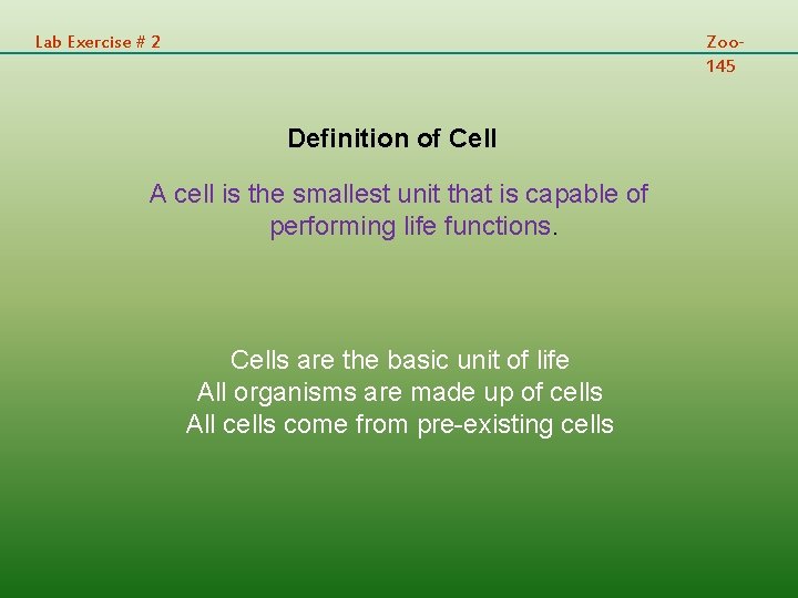 Lab Exercise Cell Lab Exercise 2 Zoo 145 Lab Exercise 2