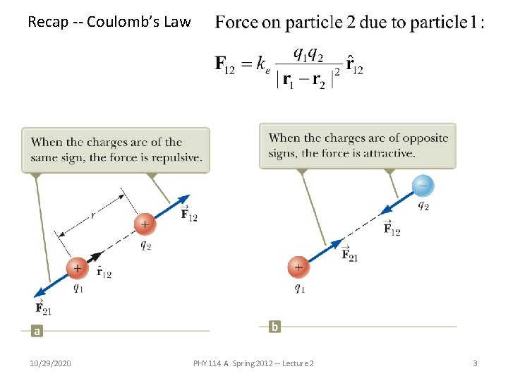 Recap -- Coulomb’s Law 10/29/2020 PHY 114 A Spring 2012 -- Lecture 2 3 Recap -- Coulomb’s Law 10/29/2020 PHY 114 A Spring 2012 -- Lecture 2 3