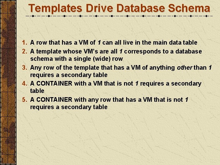 Templates Drive Database Schema 1. A row that has a VM of 1 can