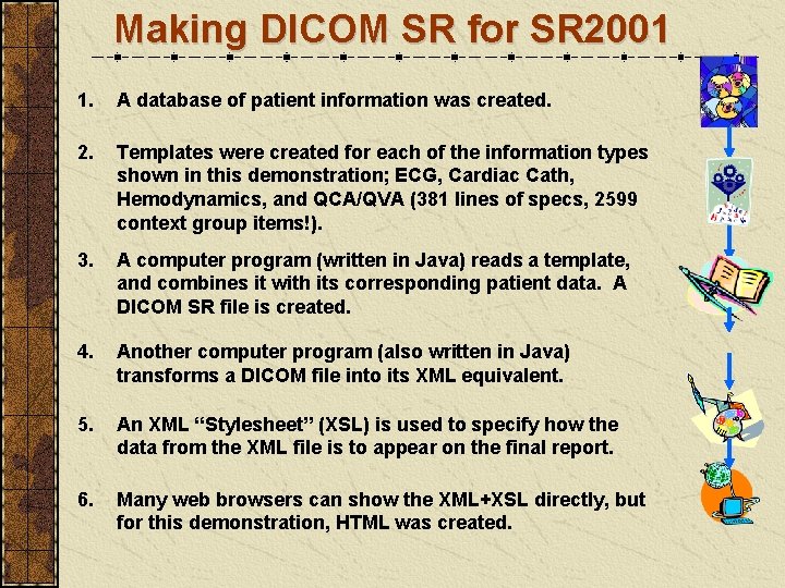 Making DICOM SR for SR 2001 1. A database of patient information was created.