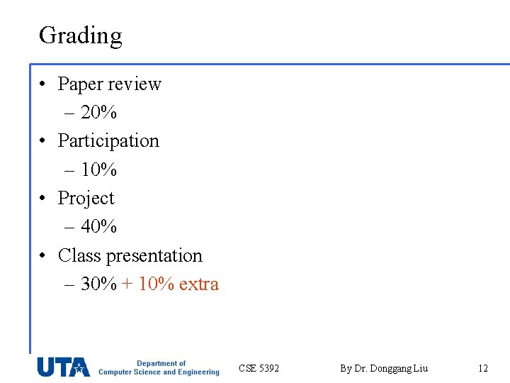 Grading • Paper review – 20% • Participation – 10% • Project – 40%