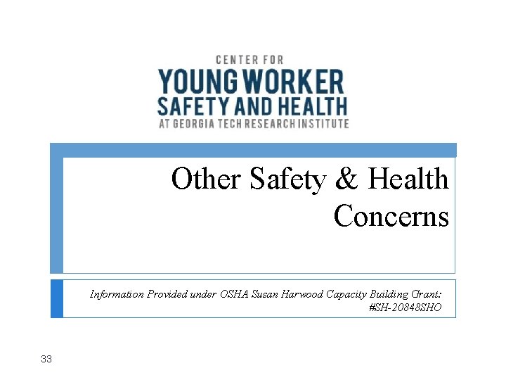 Other Safety & Health Concerns Information Provided under OSHA Susan Harwood Capacity Building Grant: