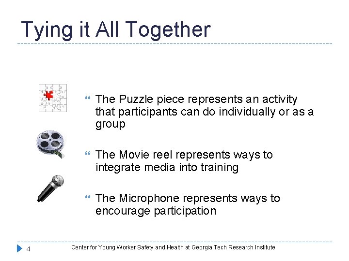 Tying it All Together 4 The Puzzle piece represents an activity that participants can