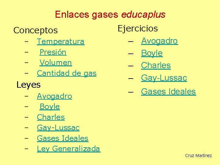 Enlaces gases educaplus Conceptos – – Temperatura Presión Volumen Cantidad de gas Leyes –