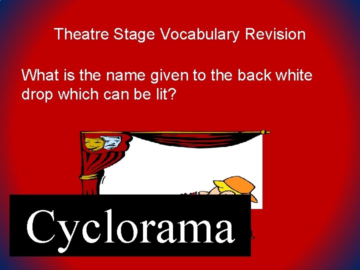 Theatre Stage Vocabulary Revision What is the name given to the back white drop