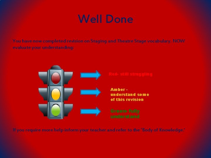 Well Done You have now completed revision on Staging and Theatre Stage vocabulary. NOW