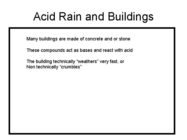 Acid Rain and Buildings Many buildings are made of concrete and or stone These