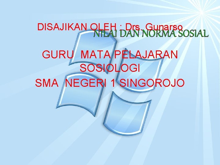 DISAJIKAN OLEH : Drs. Gunarso NILAI DAN NORMA SOSIAL GURU MATA PELAJARAN SOSIOLOGI SMA