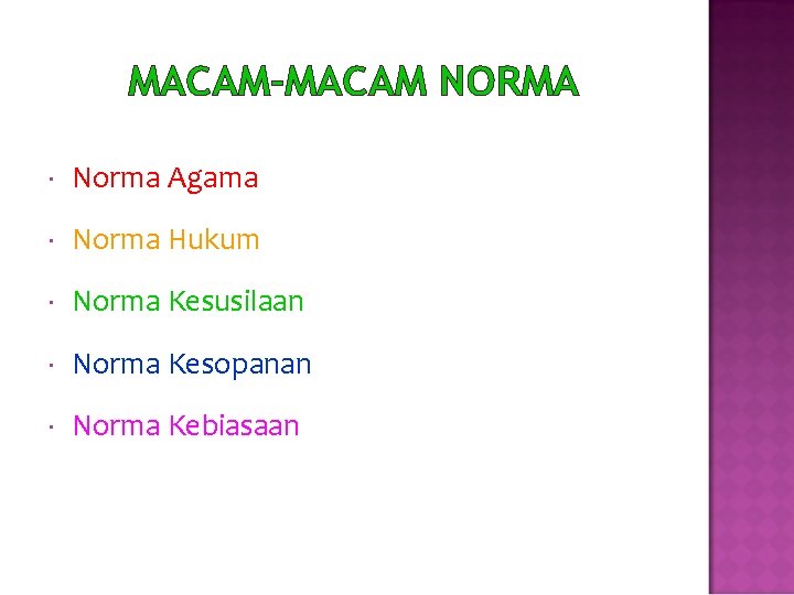 MACAM-MACAM NORMA Norma Agama Norma Hukum Norma Kesusilaan Norma Kesopanan Norma Kebiasaan 