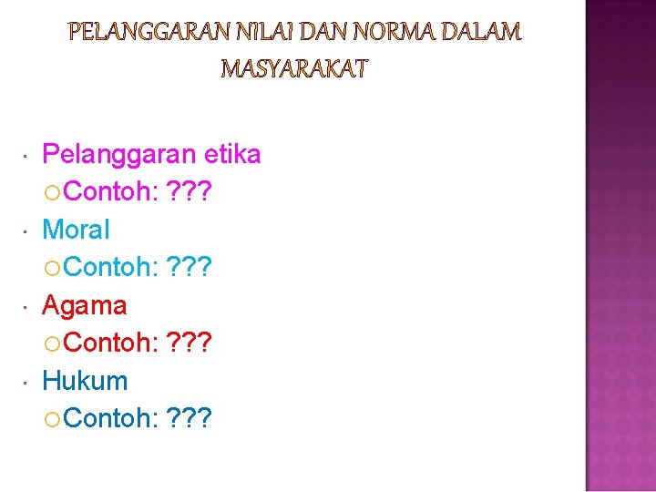 PELANGGARAN NILAI DAN NORMA DALAM MASYARAKAT Pelanggaran etika Contoh: ? ? ? Moral Contoh: