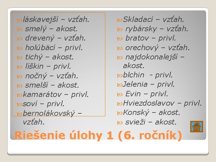  láskavejší – vzťah. smelý – akost. drevený – vzťah. holúbäcí – privl. tichý