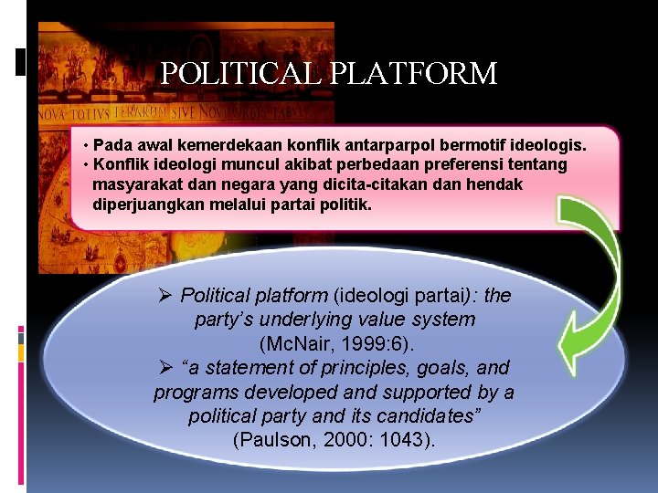 POLITICAL PLATFORM • Pada awal kemerdekaan konflik antarparpol bermotif ideologis. • Konflik ideologi muncul