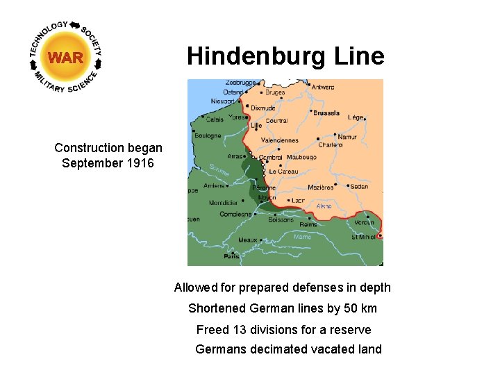 Hindenburg Line Construction began September 1916 Allowed for prepared defenses in depth Shortened German